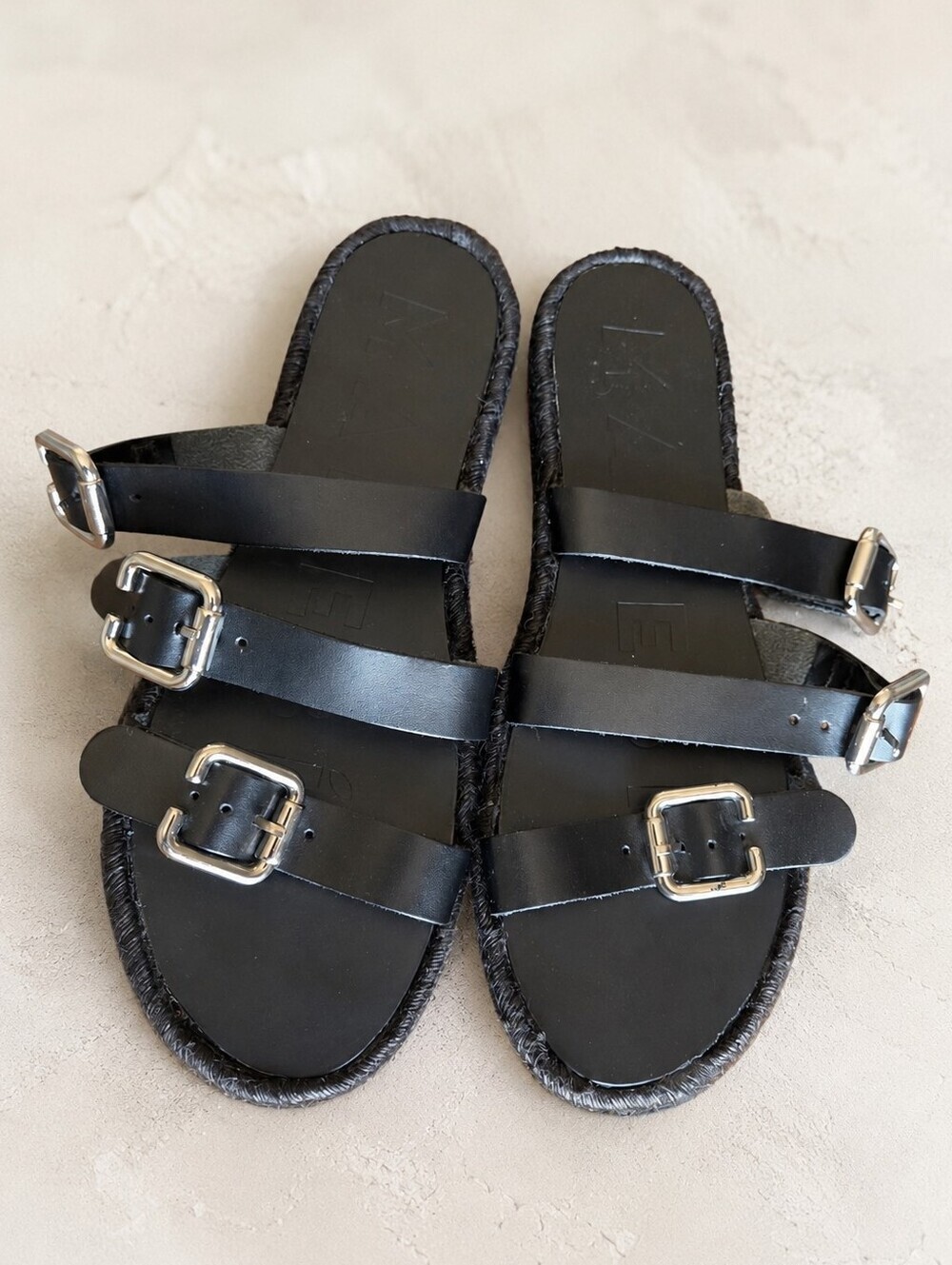 Manebi Black Leather Triple-Strap Buckle Espadrille Women's Western Sandal 39 EU